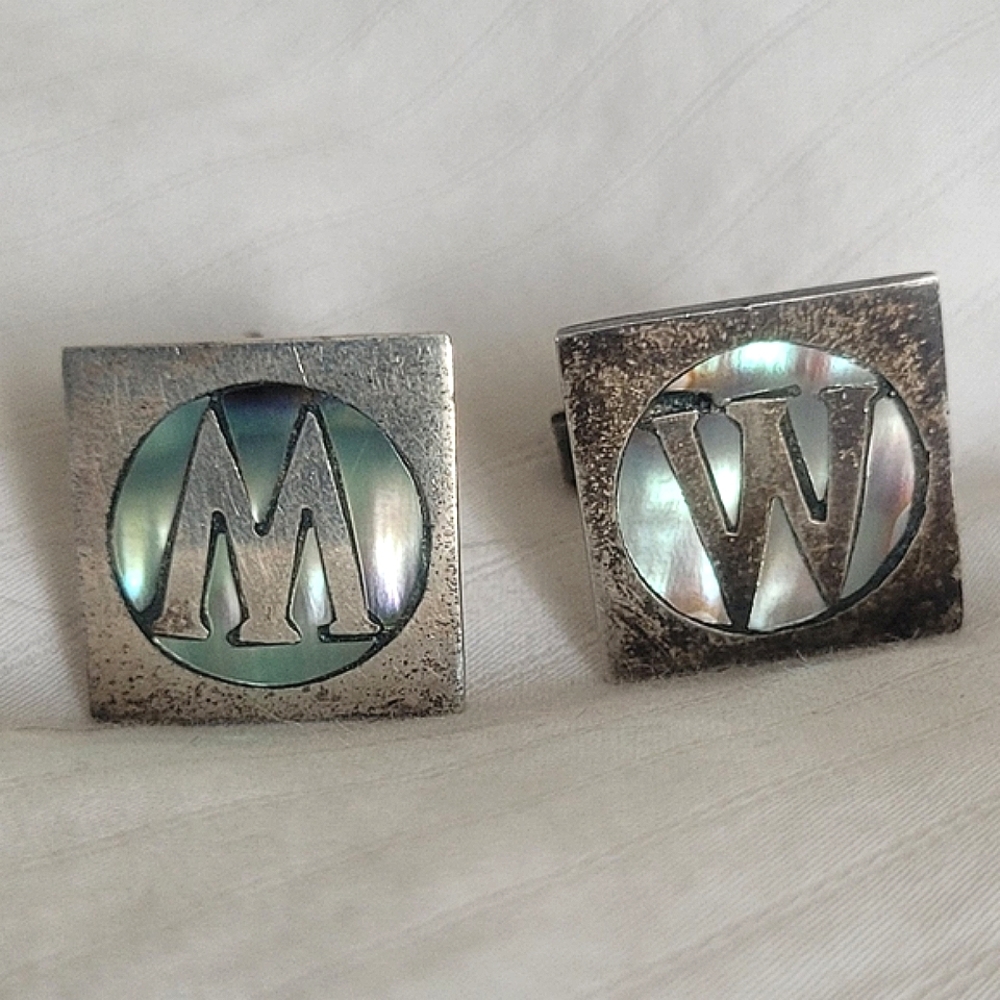 Vintage Taxco Adan Alverado AA Sterling Abalone Initial M W Monogramed Cufflinks